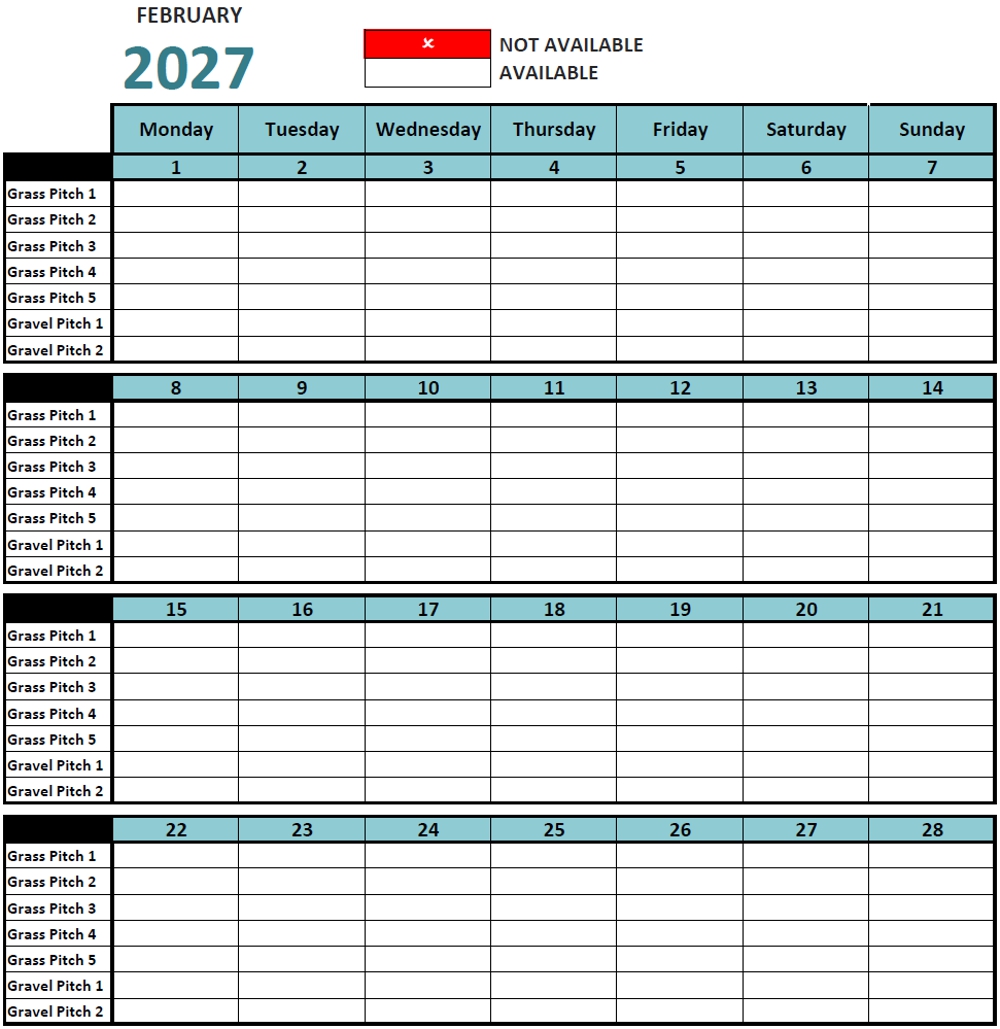 Calendar Febuary 2027