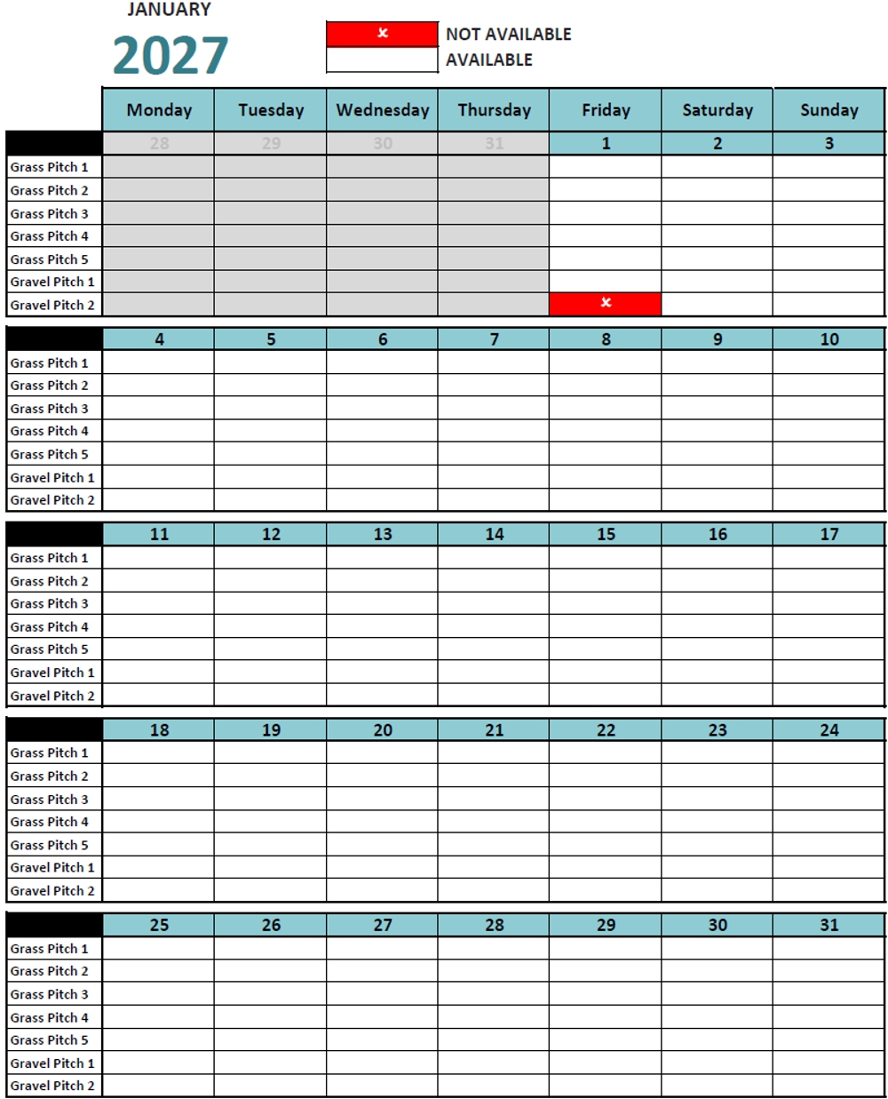 Calendar January 2027