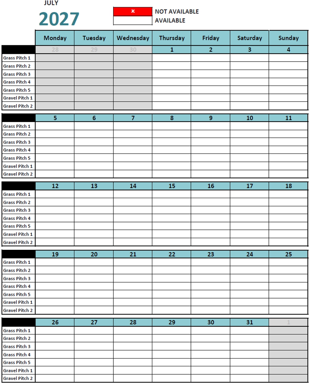 Calendar July 2027
