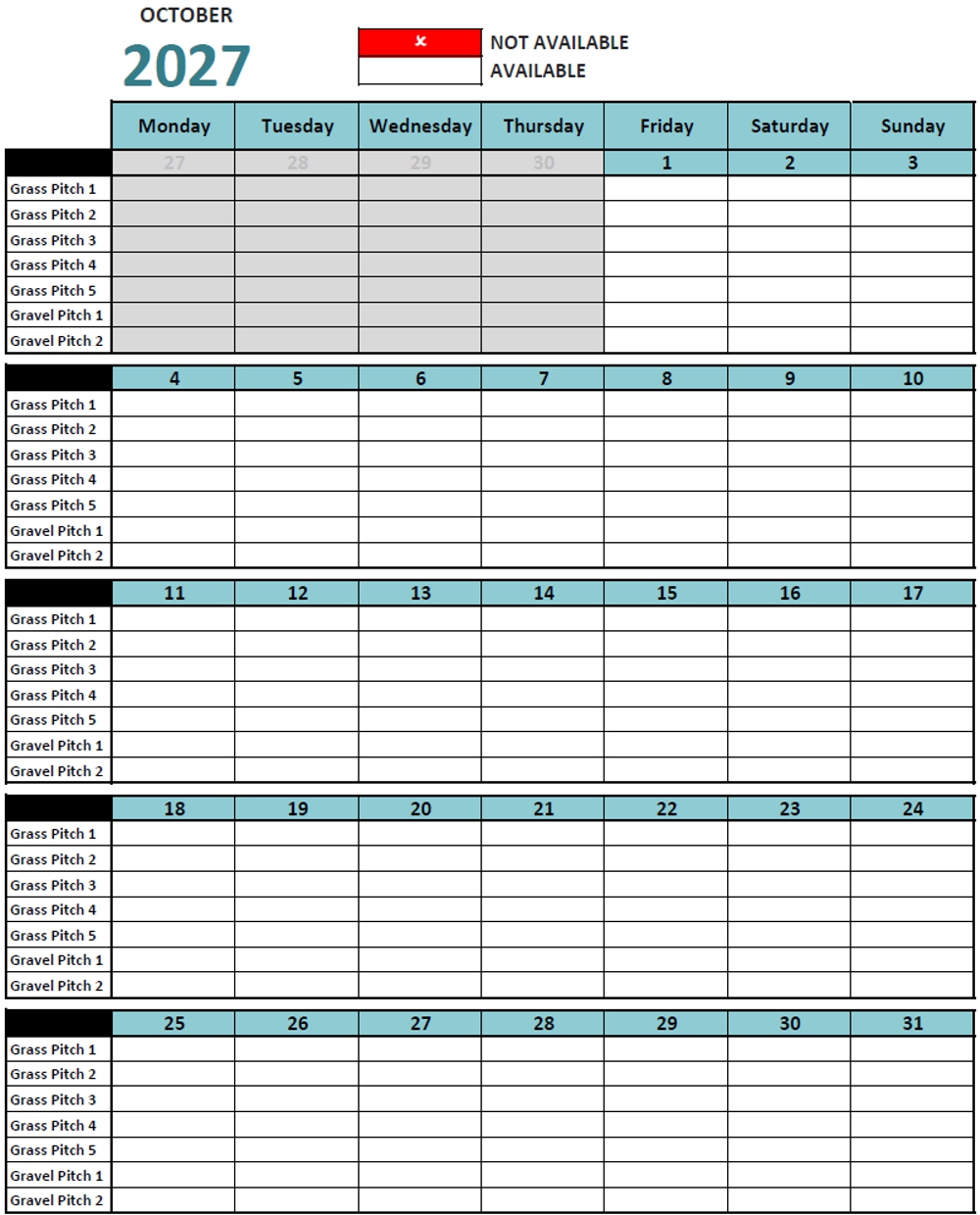 Calendar October 2027